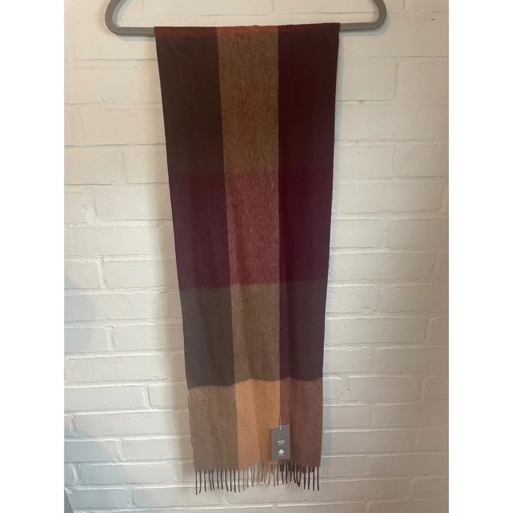 M S Mens Camel Mix Plaid Wool Blend Scarf Fringed Winter Fall Warm Accessory NEW